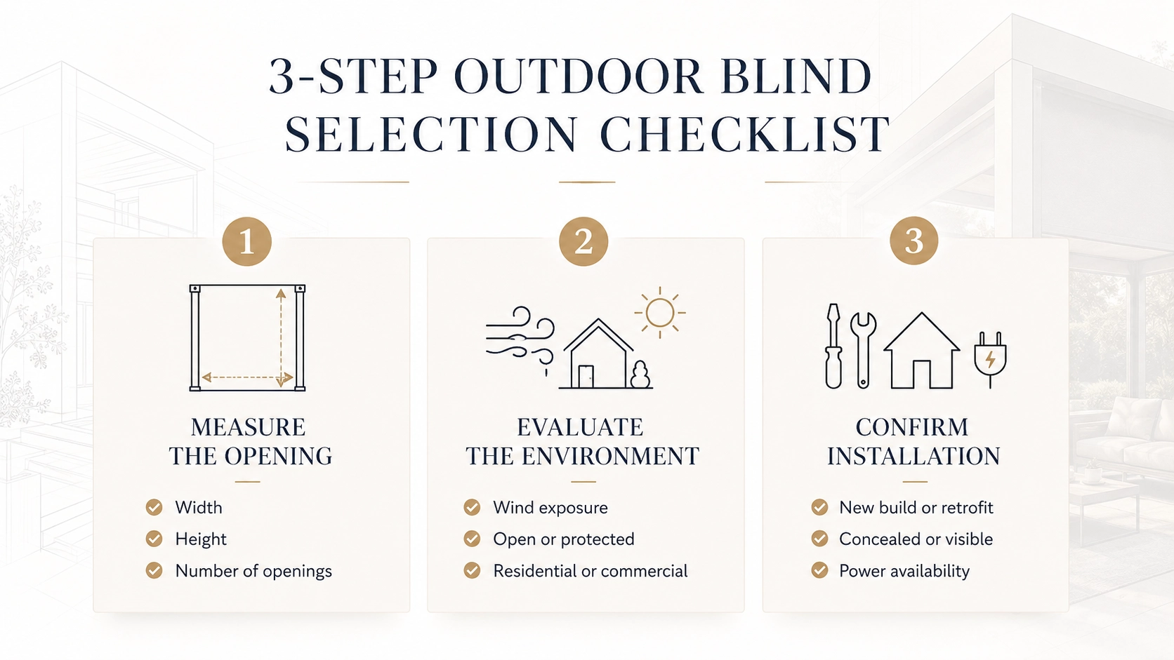 Three step outdoor blind selection checklist for project planning